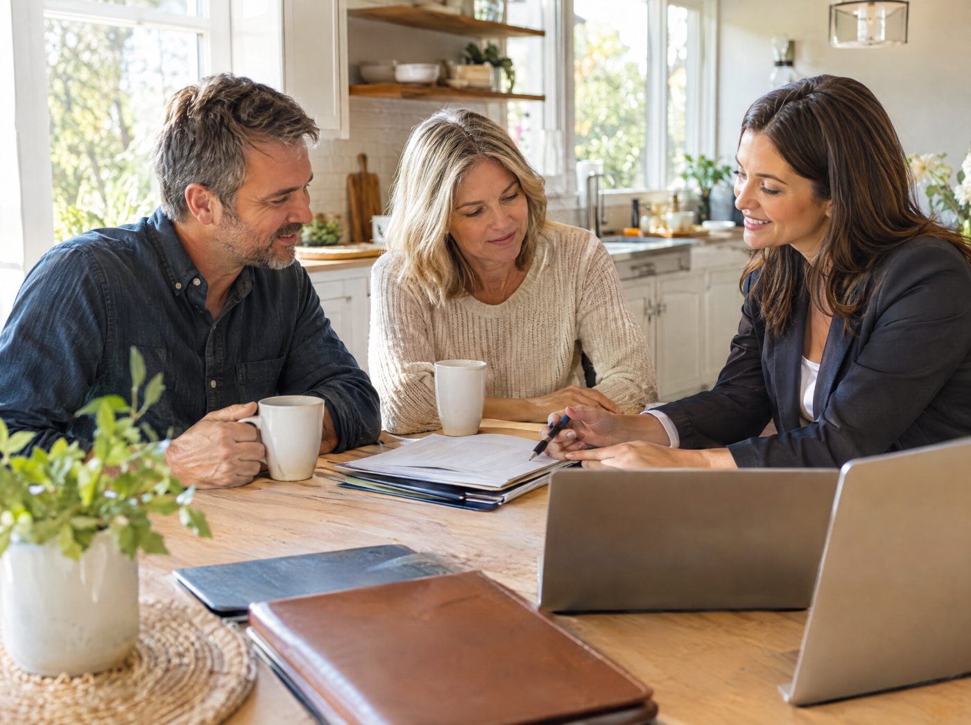 Homeowners reviewing short sale and foreclosure options with Matthew Rathbun at their kitchen table in Spotsylvania, VA